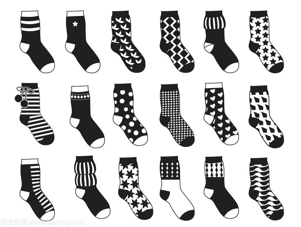 孩子的剪影襪子與不同模式。矢量單色插圖隔離